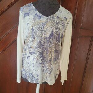 Chicos Womens Long Sleeve Hexagon & Paisley Print Top Size 1 M White Blue Gold